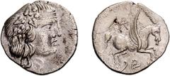Ancient Greek Silver Islands of Illyricum, Corcyra. Didrachm; Islands of Illyricum, Corcyra; 229-48 BC, Didrachm, 4.40g. BM-369. Obv: Head of Dionysus r., crowned with ivy. Rx: Pegasus flying r., palm