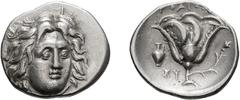 Ancient Greek Silver Caria, Rhodes. Didrachm; Caria, Rhodes; 305-275 BC, Didrachm, 6.70g. Ashton-160, SNG Cop-730. Obv: Head of Helios facing, slightly r. Rx: Rose with bud; above, PO?I[ON]; in field 