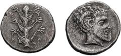 Ancient Greek Silver Cyrenaica, Cyrene. Tetradrachm; Cyrenaica, Cyrene; c. 435-331 BC, Tetradrachm, 12.93g. BMC-73. Obv: Silphium plant with six leaves, K - V / P - A across field at corners of plant.