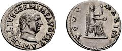 Roman Empire Vitellius. Denarius; Vitellius; 69 AD, Rome, Denarius, 3.48g. BM-34, Paris-71, C-72, RIC-107. Obv: A VITELLIVS GERM IMP AVG TR P Head laureate r. Rx: PONT - MAXIM Vesta, veiled, seated r.