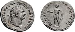 Roman Empire Titus. Denarius; Titus; 79-81 AD, Rome, 79 AD, Denarius, 3.53g. RIC-89 (C), BM-106, C-25 (15 Fr.). Obv: IMP TITVS CAES VESPASIAN AVG P M. Head laureate r. Rx: BONVS EVEN - TVS AVGVSTI Bon