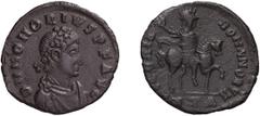 Roman Empire Honorius. AE 3; Honorius; 393-423 AD, Antioch, 392-5 AD, AE 3, 1.46g. Bust var. of RIC-69e (S), officina A=1. Obv: D N HONORIVS P F AVG Rosette and pearl-diademed, draped, cuirassed bust 