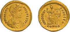 Byzantine Gold Theodosius I. Solidus; Theodosius I; 379-395 AD, Constantinople, 383-8 AD, Solidus, 4.41g. RIC-71b (S ), officina A=1; Depeyrot-47/1, p. 243 (9 spec. from officina 1); C-11 (20 Fr.). Ob
