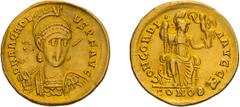 Byzantine Gold Arcadius. Solidus; Arcadius; 383-408 AD, Constantinople, c. 397-402 AD, Solidus, 4.26g. RIC-7 (S), Depeyrot-55/1 (p. 246, 27 spec. from officina Z). Obv: D N ARCADI - VS P F AVG Helmete