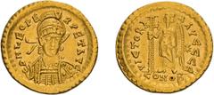 Byzantine Gold Leo I. Solidus; Leo I; 457-474 AD, Constantinople, c. 462-466 AD, Solidus, 4.48g. RIC-605, officina E=5; Depeyrot-93/1 (p. 258, 71 spec. from officina E). Obv: D N LEO PE - RPET AVC Hel