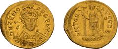 Byzantine Gold Zeno (474-491 AD). Solidus; Zeno (474-491 AD); 474-491 AD, Constantinople, Solidus, 4.41g. RIC-929 (C ), officina T=9; Depeyrot-108/1 (p. 262, 72 spec. from officina T). Obv: D N ZENO -