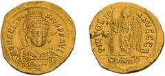 Byzantine Gold Anastasius I. Solidus; Anastasius I; 491-518 AD. Constantinople, 507-18 AD, Solidus, 4.31g. Berk-32 var., Sear-5. Obv: D N ANASTA - SIVS PP AVG Helmeted and cuirassed bust three-quarter