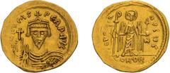 Byzantine Gold Focas. Solidus; Focas; 607-609 AD, Constantinople, Solidus, 4.33g. Berk-101C, Sear-620. Obv: D N FOCAS - PERP AVC Draped, cuirassed bust facing, wearing crown and holding cross on globe