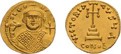 Byzantine Gold Leontius. Solidus; Leontius; 695-698 AD. Constantinople, Solidus, 4.45g. Berk-190, Sear-1330, MIB-1. 0bv: D LEO - N P[E AV] Draped, crowned bust facing, holding akakia and cross on glob