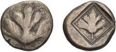 Greek Silver Sicily, Selinus. Didrachm; Sicily, Selinus; 500-480 BC, Didrachm, 8.58g. SNG ANS-684, SNG Cop-. Obv: Celery leaf. Rx: Celery leaf, square border around; all within incuse square. Very sca