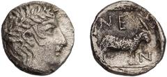 Greek Silver Troas, Neandria. 1/8 Obol; Troas, Neandria; c. 400 BC, Obol, 0.57g. SNG Aul-7628, SNG Cop-446. Obv: Laureate head of Apollo r. Rx: NEA - N Ram standing r.. MS Buy Price: $300