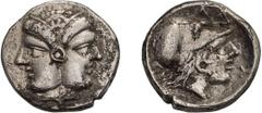 Greek Silver Mysia, Lampsacus. Alexandria Diobol; Mysia, Lampsacus; 4th-3rd century BC, Diobol, 1.35g. SNG Paris-1175. Obv: Janiform female head. Rx: ?A - M Helmeted head of Athena r.. Buy Price: $425