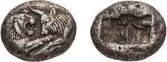 Greek Silver Lydia, Croesus. 1/3 stater; Lydia, Croesus; 565-546 BC, 1/3 Stater, 3.42g. Berk-29. Obv: Confronted foreparts of a roaring lion and a bull. Rx: Two-part incuse punch.An unusually well cen