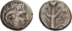 Greek Silver Cyrenaica, Cyrene. Didrachm; Cyrenaica, Cyrene; c. 300-290 BC, Didrachm, 7.73g. SNG Cop-1234. Obv: Horned head of Carneius r. Rx: Silphium plant. Ex Stack's, 7-8 December 1989, lot 3212..