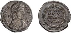 Roman Imperial Constantius II. Siliqua; Constantius II; 337-361 AD, Thessalonica, 351-355 AD, Siliqua, 3.09g. RIC-102 (S), officina A=1. Obv: D N CONSTAN - TIVS P F AVG Pearl-diademed, draped, cuirass
