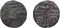 Roman Bronze Germanicus. Dupondius; Germanicus; Rome, Struck under Caligula, 37-41 AD, Dupondius, 10.00g. BM-93, Paris-140, C-7 (3 Fr.), RIC-57. Obv: GERMANIC[VS] / CAESAR Germanicus in quadriga r. Rx