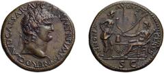 Roman Bronze Nero. Sestertius; Nero; 54-68 AD, Lugdunum, 65-6 AD, Sestertius, 27.26g. BM-305, RIC-390 (C), Paris-70, C-14 (8 Fr.). Obv: NERO CLAVD CAESAR AVG G[ER] P M TR P IMP P P Head laureate r., s