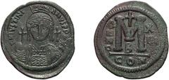 Byzantine Justinian I. Follis; Justinian I; 527-565 AD. Constantinople, Year 13 = 539/40 AD, Follis, 23.04g. Berk-217, MIB-95, DO-38b.1. Obv: D N IVSTINI - ANVS PP AVG Helmeted, cuirassed bust facing,