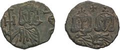 Byzantine Constantine V. Follis; Constantine V; Syracuse, 741-775 AD, Follis, 2.90g. Berk-864, Sear-1569, DO-19. Obv: Constantine V, bearded to l., and Leo IV, beardless to r., standing facing, each w