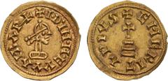 World Coins Spain, Visigoths, ND, Tremissis, EF; Spain, Visigoths, ND Tremissis, EF, Spain. Wamba 672-680. Merida mint. 1.6g. Bust facing right;IDINMEVVAMBAR (MB tied)/Cross on three steps;EMERITAPIVS