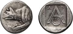 Greek Argolis, Argos. Triobol; Argolis, Argos; c. 330-270 BC, Triobol, 2.62g. BCD-1094, BM-60. Obv: Forepart of wolf l. Rx: Large A in shallow incuse, A-P above, crescent below.. VF Buy Price: $200