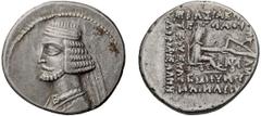 Greek Parthia, Mithradates III, 57-54 BC. Drachm; Parthia, Mithradates III, 57-54 BC; Drachm, 4.10g. Shore-190, Sellwood-40.3. Obv: Bust of king l. with medium beard, wearing necklace with central med