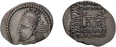 Greek Parthia, Pacorus II, 78-105 AD. Drachm; Parthia, Pacorus II, 78-105 AD; Drachm, 3.76g. Sellwood-77.8, Shore-399. Obv: Bust of king l., medium beard, wearing tiara with hooks on crest, wearing ea