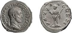 Roman Imperial Maximinus I Thrax. Denarius; Maximinus I Thrax; 235-238 AD, Rome, Spring 235 AD, Denarius, 2.54g. Eauze-597 (4 spec.), C-31, RIC-12, BM-5. Obv: No GERM, first portrait. Rx: PAX - A - VG