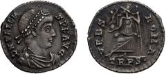 Roman Imperial Valens. Siliqua; Valens; 364-378 AD, Trier, 364-75 AD, Siliqua, 2.06g. RIC-27e, mintmark 1 (C ); C-109 (3 Fr.). Obv: D N VALEN - S P F AVG Pearl-diademed, draped, cuirassed bust r., see