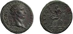 Roman Imperial Trajan. Dupondius; Trajan; 98-117 AD; Woytek, MIR-96a (63 spec.). Obv: IMP CAES NERVA TRAIAN AVG GERM P M Head radiate r. Rx: TR POT - COS IIII P P S C Justitia seated l. on chair forme