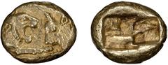 Gold Lydia, Croesus. 1/12 Silver Stater; Lydia, Croesus; 565-546 BC, 1/12 Heavy Stater, 0.87g. Berk-12. Obv: Forepart of roaring lion facing forepart of bull. Rx: Two rough incuse squares.. MS Buy Pri