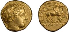 Gold Macedonia, Philip II. Stater; Macedonia, Philip II; 359-336 BC. Pella, c. 345-340 BC, Lifetime Issue, Stater, 8.58g. Le Rider-pl. 53, D7/R13 (new die combination). Obv: Laureate head of Apollo r.