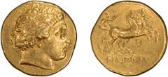 Gold Macedonia, Philip II. Stater; Macedonia, Philip II; 359-336 BC. Pella, c. 340-328 BC, Late Lifetime Issue, Stater, 8.59g. Cf. Le Rider-pl. 57-60, apparently new dies. Obv: Laureate head of Apollo