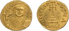 Gold Leontius. Solidus; Leontius; 695-698 AD. Constantinople, Solidus, 4.45g. Berk-190, Sear-1330, MIB-1. 0bv: D LEO - N P[E AV] Draped, crowned bust facing, holding akakia and cross on globe. Rx: VIC