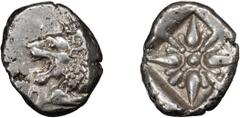 Greek Silver Ionia, Miletos. Alexandria Diobol; Ionia, Miletos; 5th cent. BC, Diobol, 0.98g. SNG Cop-949, SNG Aulock-2080. Obv: Forepart of roaring lion l. Rx: Star-like floral ornament in incuse squa
