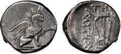 Greek Silver Ionia, Teos. Alexandria Diobol; Ionia, Teos; c. 320-294 BC, Diobol, 0.98g. SNG Kayhan-612. Obv: Griffin seated r., raising l. forepaw. Rx: Lyre; TH[I] above, A????O? downwards on l.. EF B