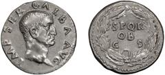 Roman Silver Galba. Denarius; Galba; 68-69 AD, Rome, Denarius, 3.62g. BM-34 corr., Paris-76, C-287, RIC-167. Obv: IMP SER GALBA AVG Head bare r. Rx: SPQR / OB / C - S in three lines in oak wreath. Ex 