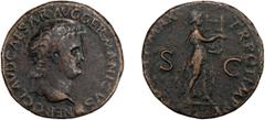 Roman Bronze Nero. 40-as; Nero; 54-68 AD, Lugdunum, 64-6 AD, As, 11.92g. BM-376, Paris-101, C-247, RIC-416. Obv: NERO CLAVD CAESAR AVG GERMANICVS Head bare r. with globe at tip of neck. Rx: [PONTIF] M