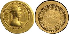 Ancient Gold Julius Caesar. Aureus; Julius Caesar; Aureus, 8.05g. Crawford-481/1; Syd-1021; Sear, Imperators-117. Obv: Diademed bust of Venus r. Rx: COS QVINC in laurel wreath. This coin was issued to