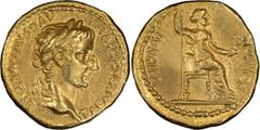 Ancient Gold Tiberius. Aureus; Tiberius; 14-37 AD, Lugdunum, Aureus, 7.79g. BM-46, C-15 (40 Fr.), Paris-26, RIC-29 (R ), Calicó-305. Obv: TI CAESAR DIVI - AVG F AVGVSTVS Head laureate r. Rx: PONTIF - 