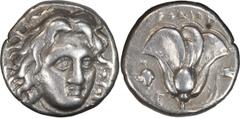 Greek Silver Caria, Rhodes. Didrachm; Caria, Rhodes; 394-304 BC, Didrachm, 6.66g. SNG Cop-728, SNG Aul-2790, BM-27, Sear-5037. Obv: Head of Helios facing, slightly r., hair loose. Rx: PO?ION above ros