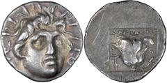 Greek Silver Caria, Rhodes. Achaean League Hemidrachm, ex BCD; Caria, Rhodes; c. 175 BC on, Hemidrachm, 1.09g. Jenkins-43. Obv: Radiate head of Helios facing three-quarter r. Rx: Rose, bud r., caduceu