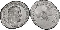 Roman Imperial Pupienus. Antoninianus; Pupienus; 238 AD, Rome, Antoninianus, 5.12g. BM-82, C-2 (10 Fr.), RIC-9b. Obv: IMP CAES PVPIEN MAXIMVS AVG Bust radiate, draped, cuirassed r. Rx: Clasped hands, 