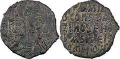 Byzantine Copper Basil I and Constantine . Follis; Basil I and Constantine ; 367-886 AD. Constantinople, c. 868-870, Follis, 5.06g. DO-8, Sear-1721. Obv: +bASILIOS [S COnST AUGG] Facing half-length fi