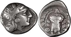 Greek Coins Attica, Athens. Triobol; Attica, Athens; c. 353-294 BC, Triobol, 2.05g. SNG Cop-68, HGC-1642. Obv: Helmeted head of Athena r. with profile eye. Rx: A / T - E Owl standing facing, wings clo