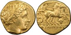 Greek Coins Macedonia, Philip II. Stater; Macedonia, Philip II; 359-336 BC. Pella, c. 345-340 BC, Lifetime Issue, Stater, 8.58g. Le Rider-pl. 53, D7/R13 (new die combination). Obv: Laureate head of Ap