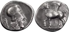 Greek Coins Corinthia, Corinth. Stater; Corinthia, Corinth; c. 400-375 BC, Stater, 8.44g. Calciati-285. Obv: Pegasus with curled wing pacing l. on ground line. Rx: Helmeted head of Athena r.; behind, 
