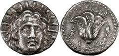 Greek Coins Caria, Rhodes. Didrachm; Caria, Rhodes; c. 250-230 BC, Didrachm, 6.66g. SNG Keckman-535. Obv: Radiate head of Helios facing, slightly r. Rx: Rose with bud on r., P - O to either side of st