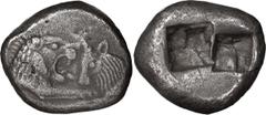 Greek Coins Lydia, Croesus. 1/12 Siglos; Lydia, Croesus; 565-546 BC, Siglos, 5.14g. Berk-22. Obv: Confronted foreparts of a roaring lion and a bull. Rx: Two-part incuse punch.. VF