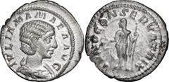 Roman Coins Julia Mamaea. Denarius; Julia Mamaea; Rome, 222-4 AD, Denarius, 2.72g. BM-43, C-35, RIC-343. Obv: IVLIA MAMAEA AVG Bust draped r. Rx: IVNO CONSERVATRIX Juno standing l. holding patera and 